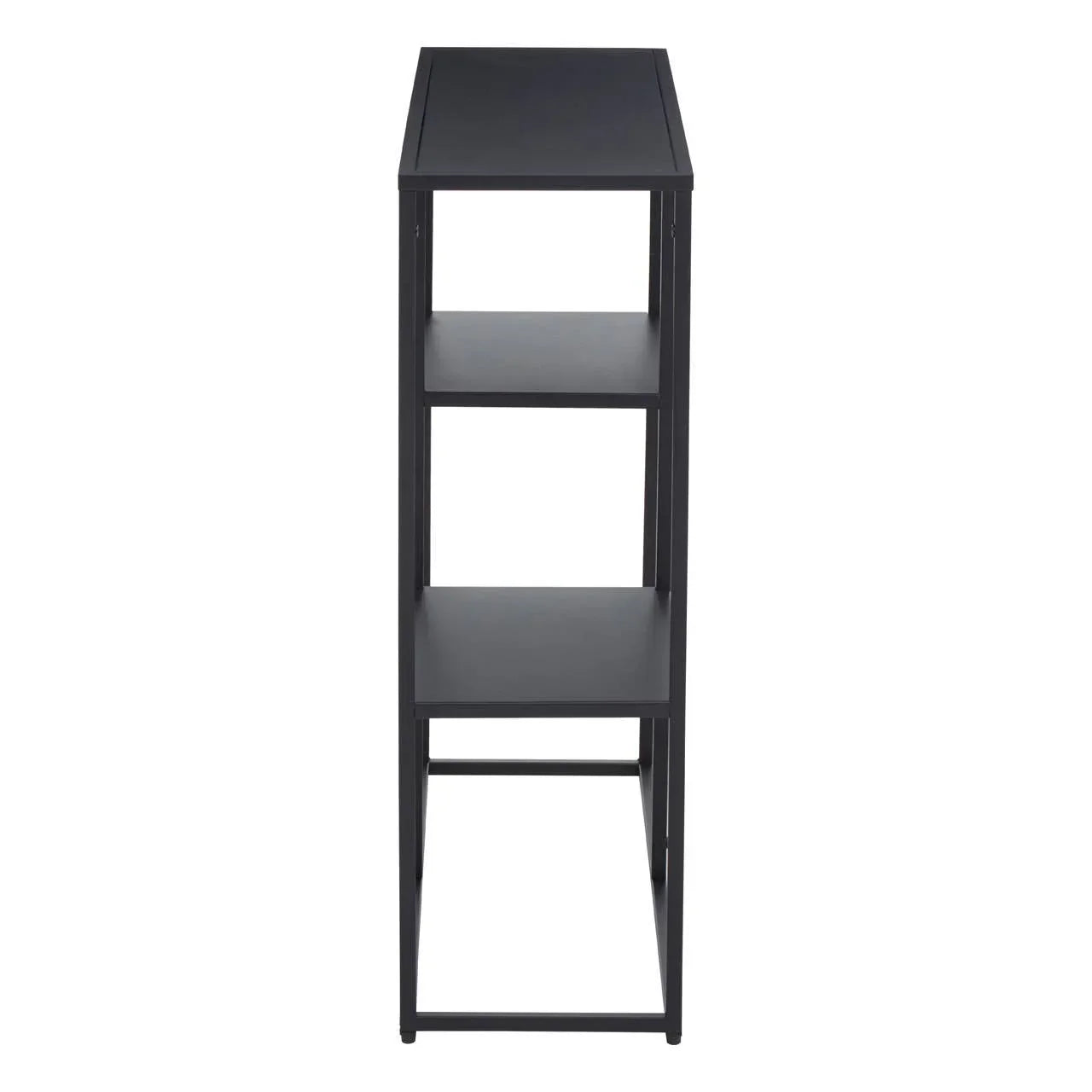 Black side table with metal frame and two open storage shelves, side angle view