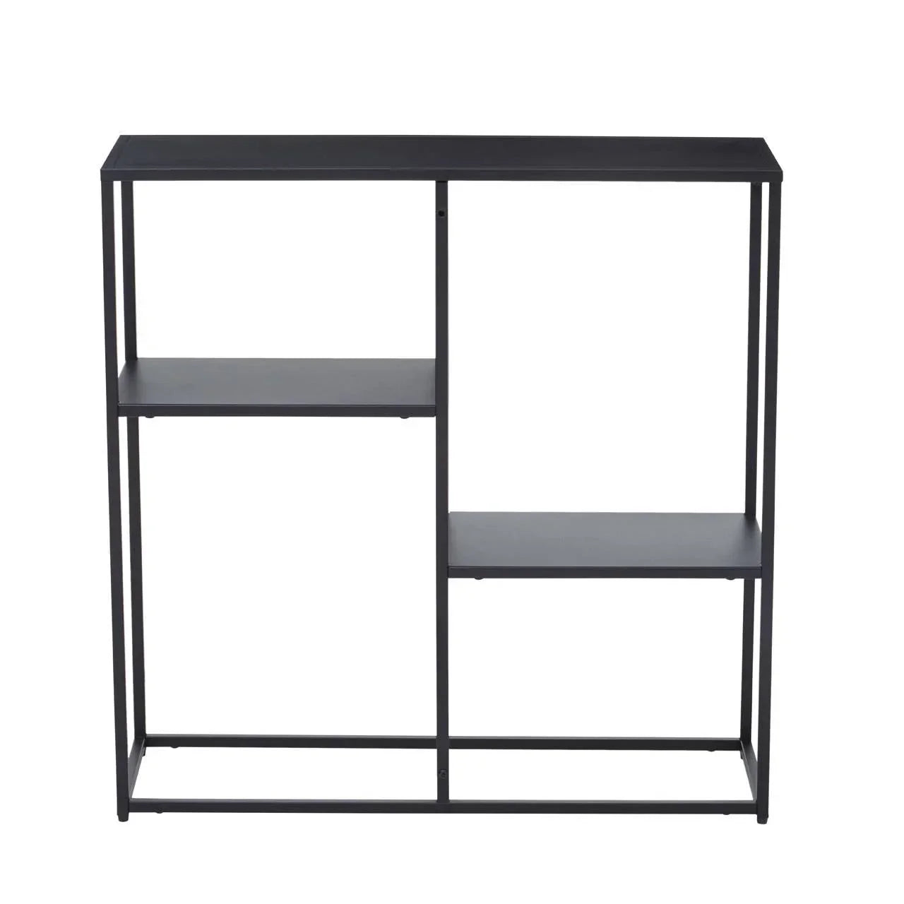 Black metal console table with open frame and asymmetrical shelving, front view