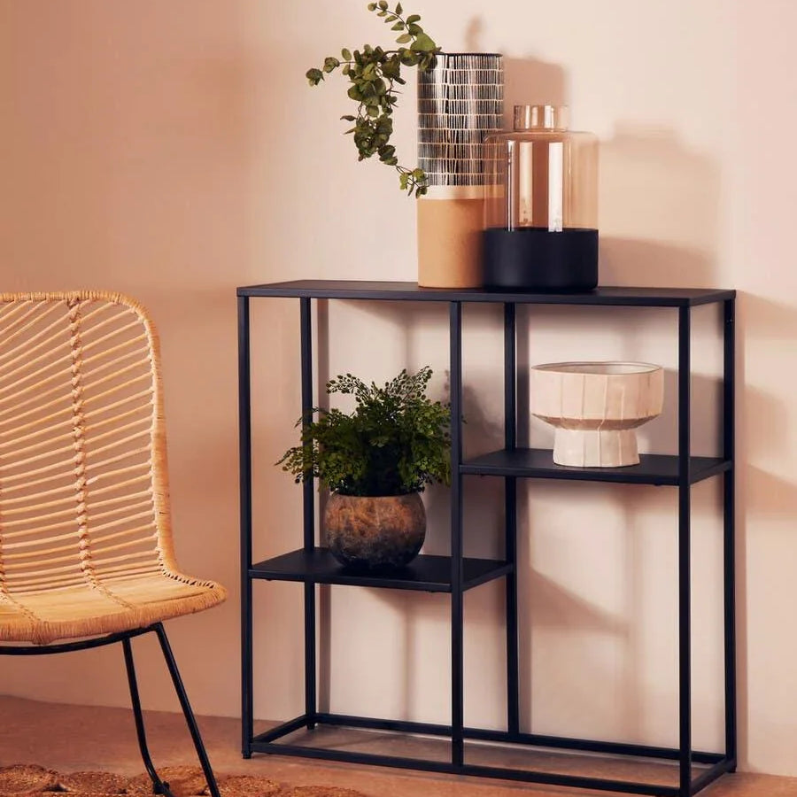 Black metal console table with plants and decorative vases, wicker chair on the side
