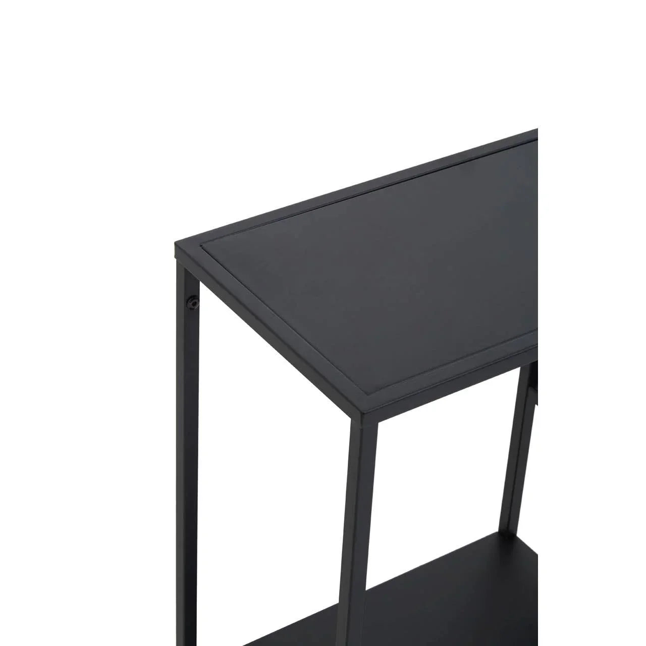 Black metal console table with slim frame and rectangular top, close-up angled view