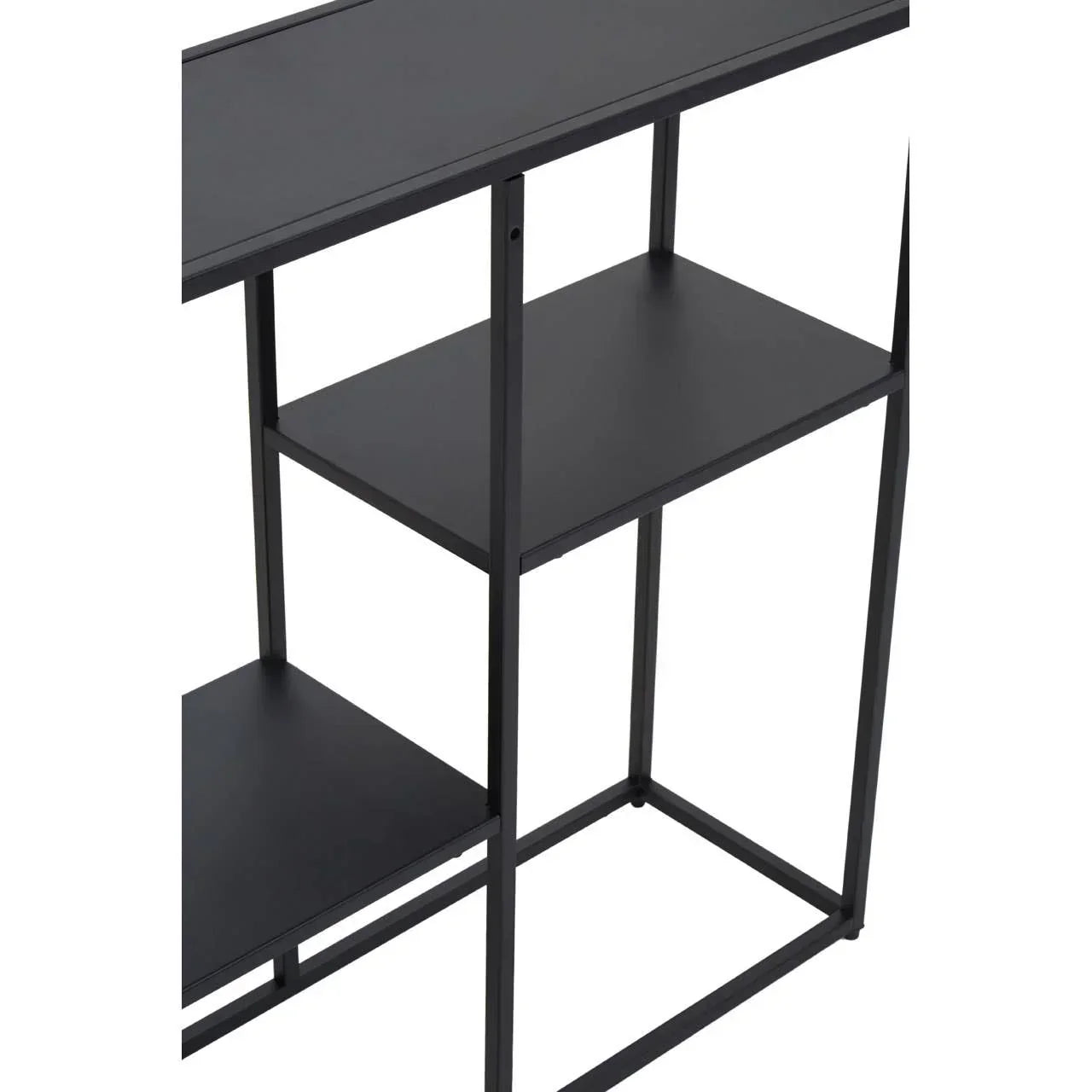 Black metal shelving unit with three tiers, minimalist design, photographed from side angle
