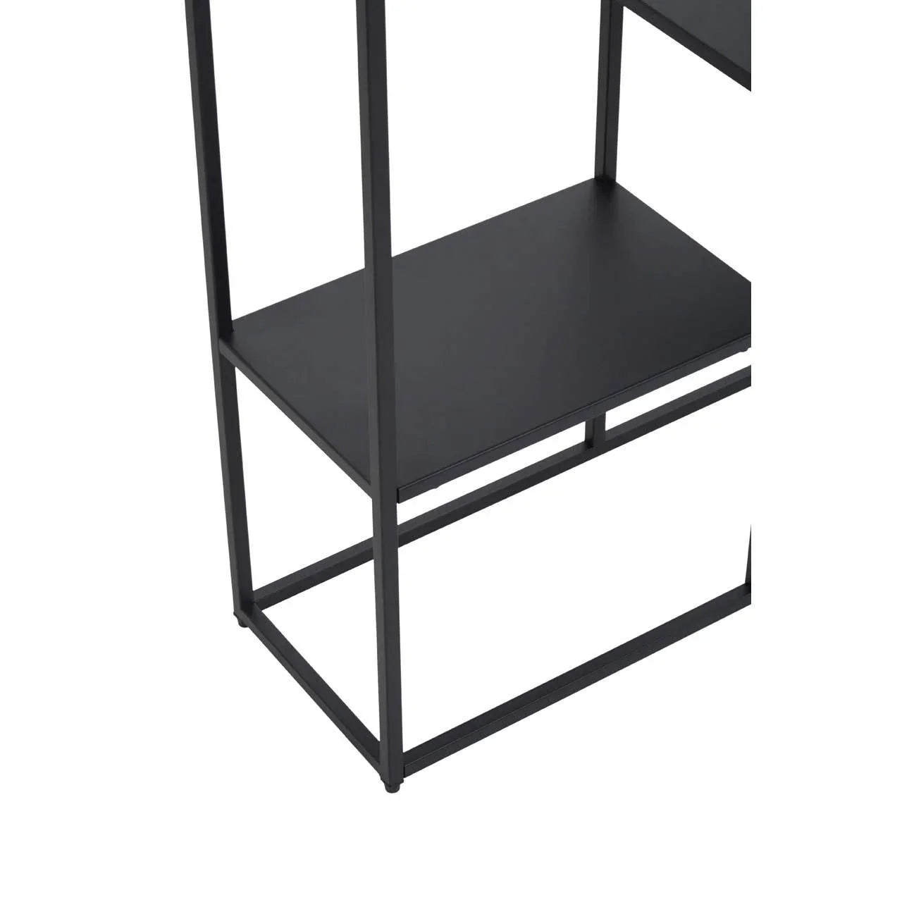 Black metal shelving unit closeup showing lower shelf and sturdy frame