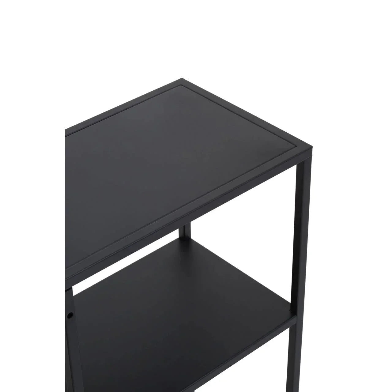 Black metal side table with two shelves, angled view showing top and storage shelf