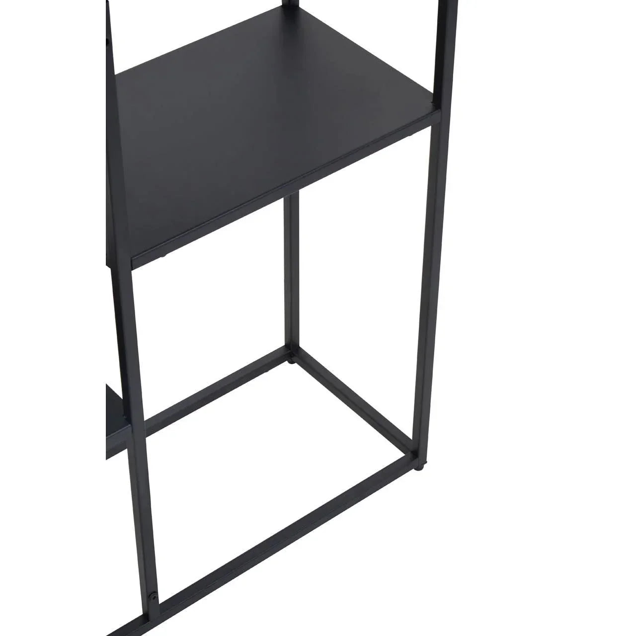 Black metal shelving unit with sturdy square frame and flat shelf close-up