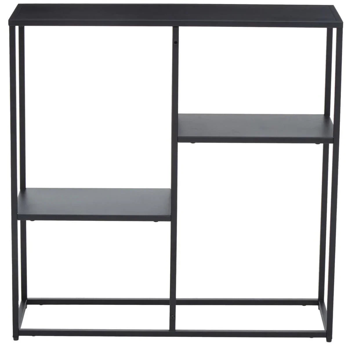 Black metal shelving unit with open frame and two staggered shelves