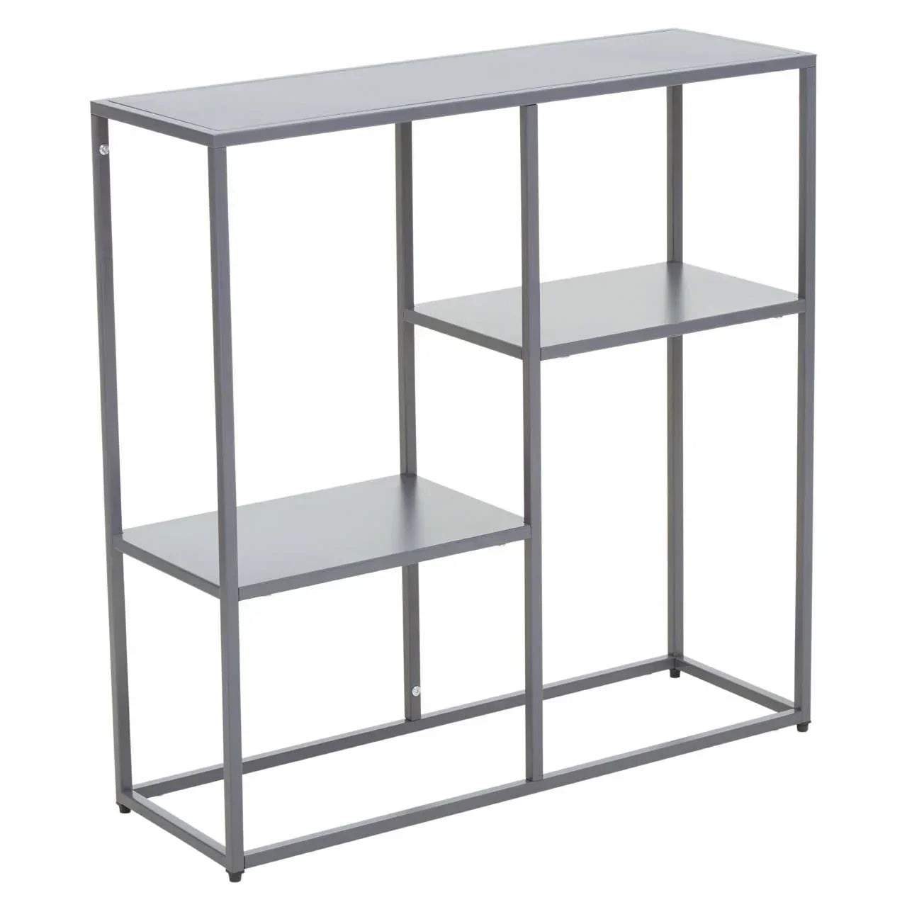 Modern grey metal console table with open shelving and minimalist frame