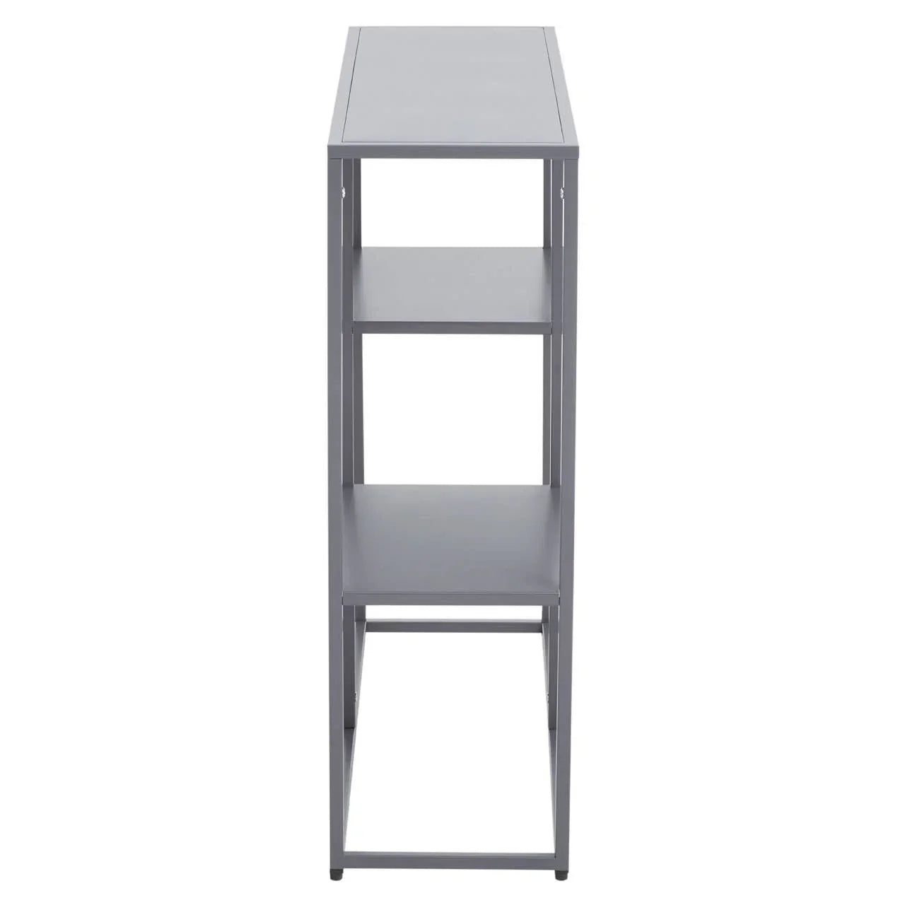 Slim grey console table with two open shelves, side view highlighting narrow frame design