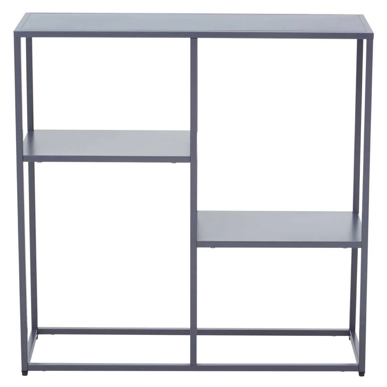 Modern metal shelving unit with open frame and asymmetrical shelves in grey finish