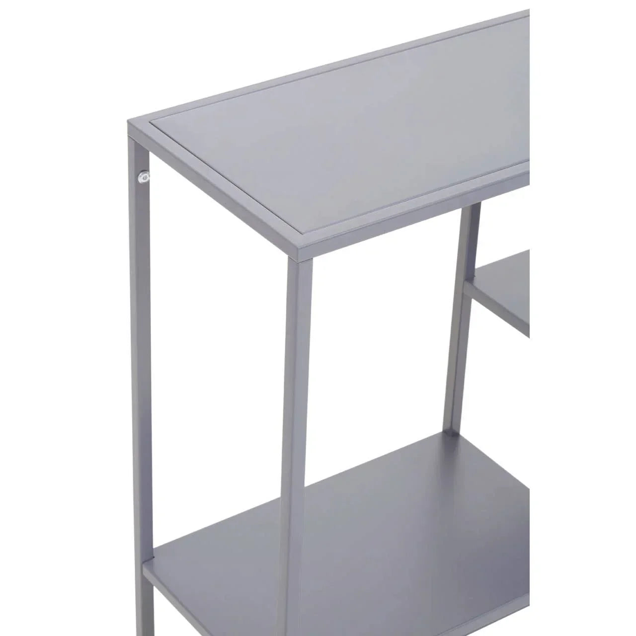 Grey metal console table with two shelves, shown from angled side view