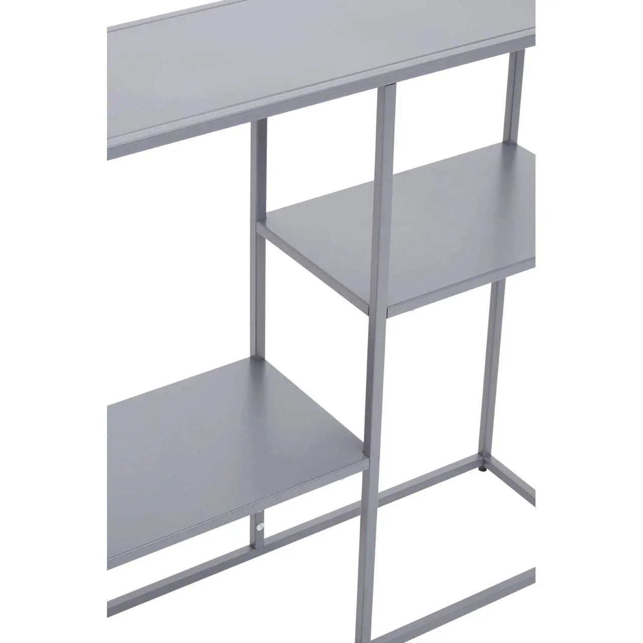 Grey metal console table with three shelves and slim frame, side angle view