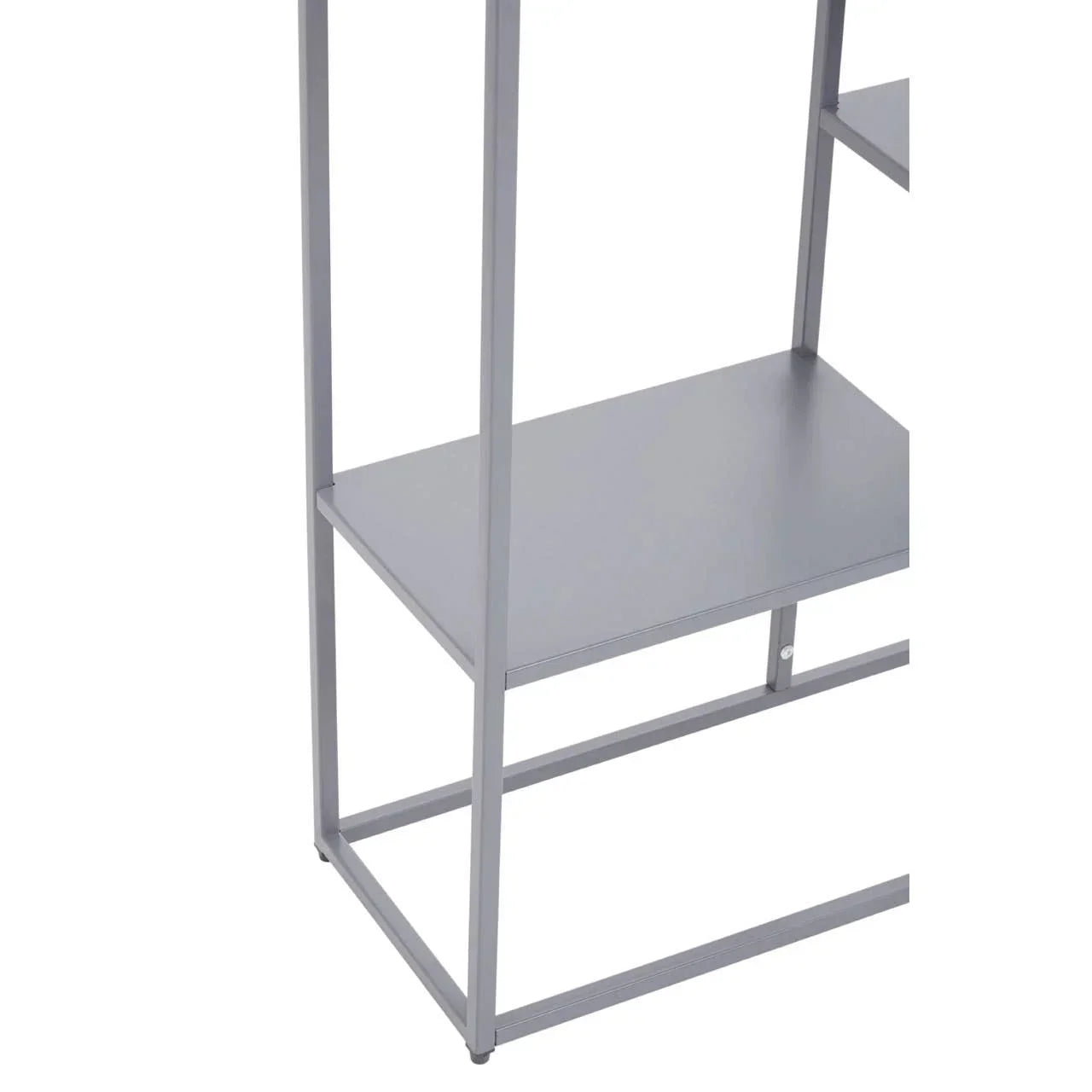 Close-up of grey metal shelf corner and frame detail