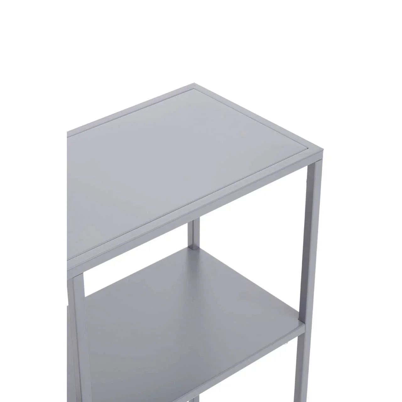 Grey metal shelving unit with two tiers and minimalist design, side angle view