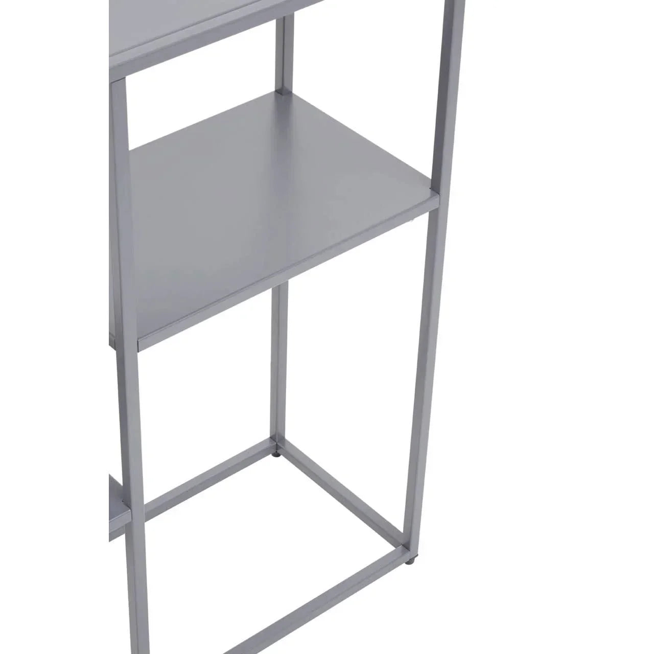 Grey metal shelving unit with square frame and open lower shelf, side angle view