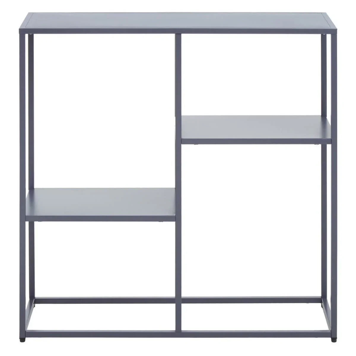 Grey metal shelving unit with open frame and three staggered shelves