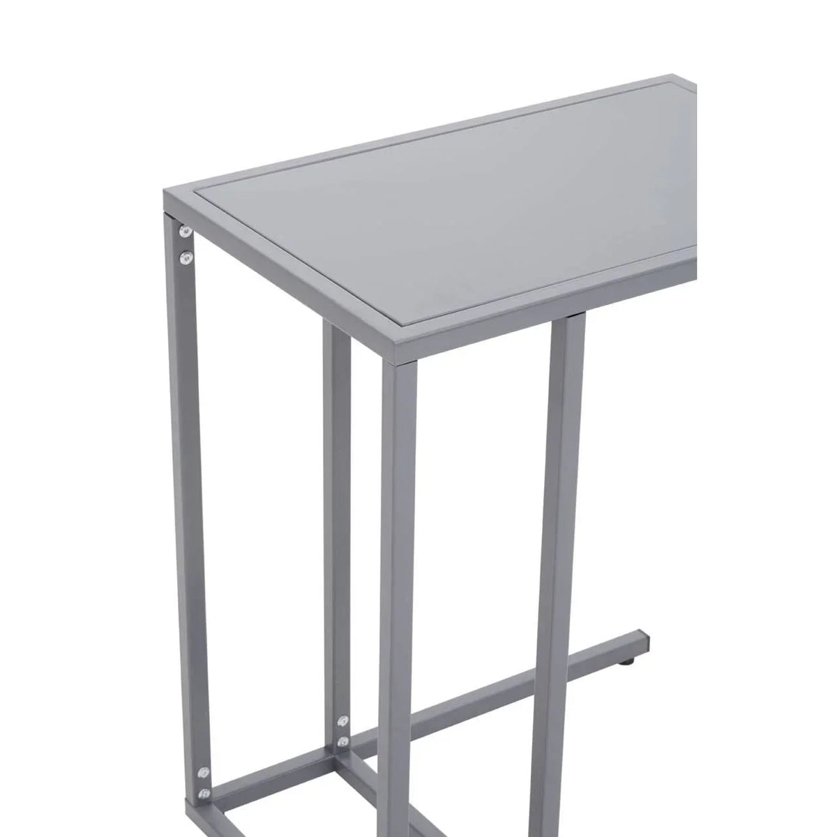 Rectangular glass top side table with grey metal frame, angled view