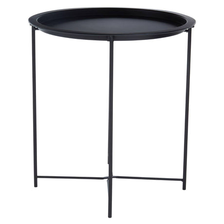 Round side table with a black metal tray top and slender black metal legs, featuring a minimalist design suitable for modern home decor
