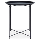 Round black metal side table with a shallow tray top and slender, crossed legs for support. The design features a minimalist aesthetic, suitable for various home decor styles
