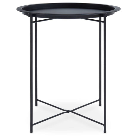 Round black metal side table with a shallow tray top and slender, crossed legs for support. The design features a minimalist aesthetic, suitable for various home decor styles