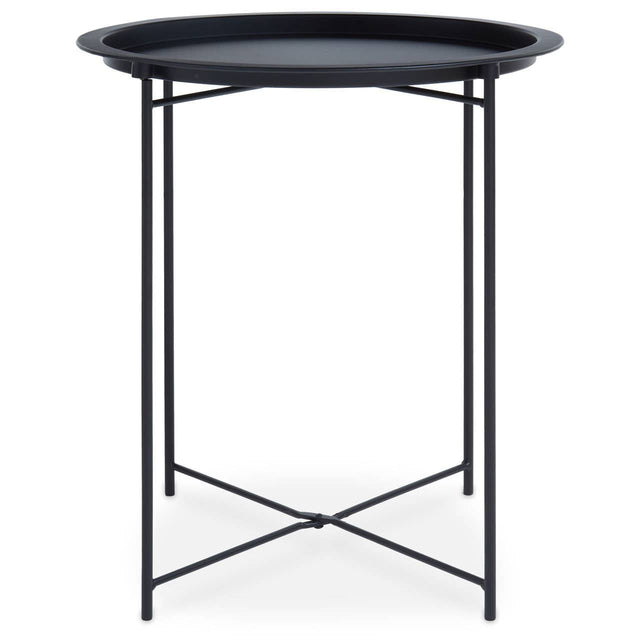 Round black metal side table with a shallow tray top and slender, crossed legs for support. The design features a minimalist aesthetic, suitable for various home decor styles