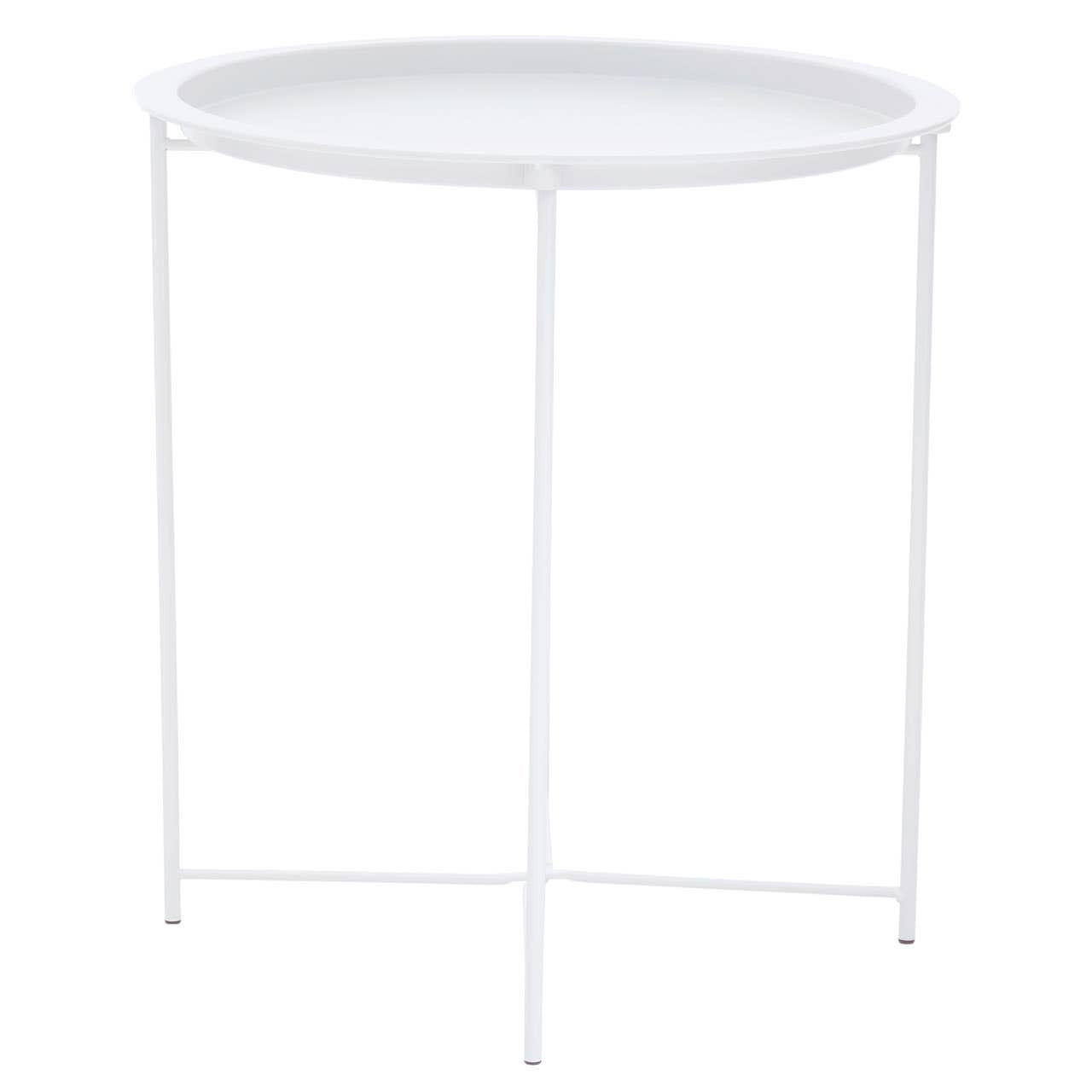 Round side table with a white metal top and slender white metal legs, featuring a minimalist design suitable for various home decor styles