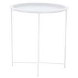 Round side table with a white metal top and slender white metal legs, featuring a minimalist design suitable for various home decor styles