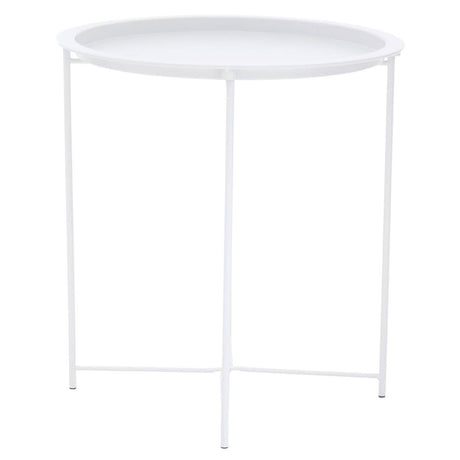Round side table with a white metal top and slender white metal legs, featuring a minimalist design suitable for various home decor styles