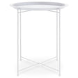 Round side table with a white metal top and slender white metal legs, featuring a crossbar design for stability. The table has a smooth, circular surface and a minimalist aesthetic, suitable for various home decor styles