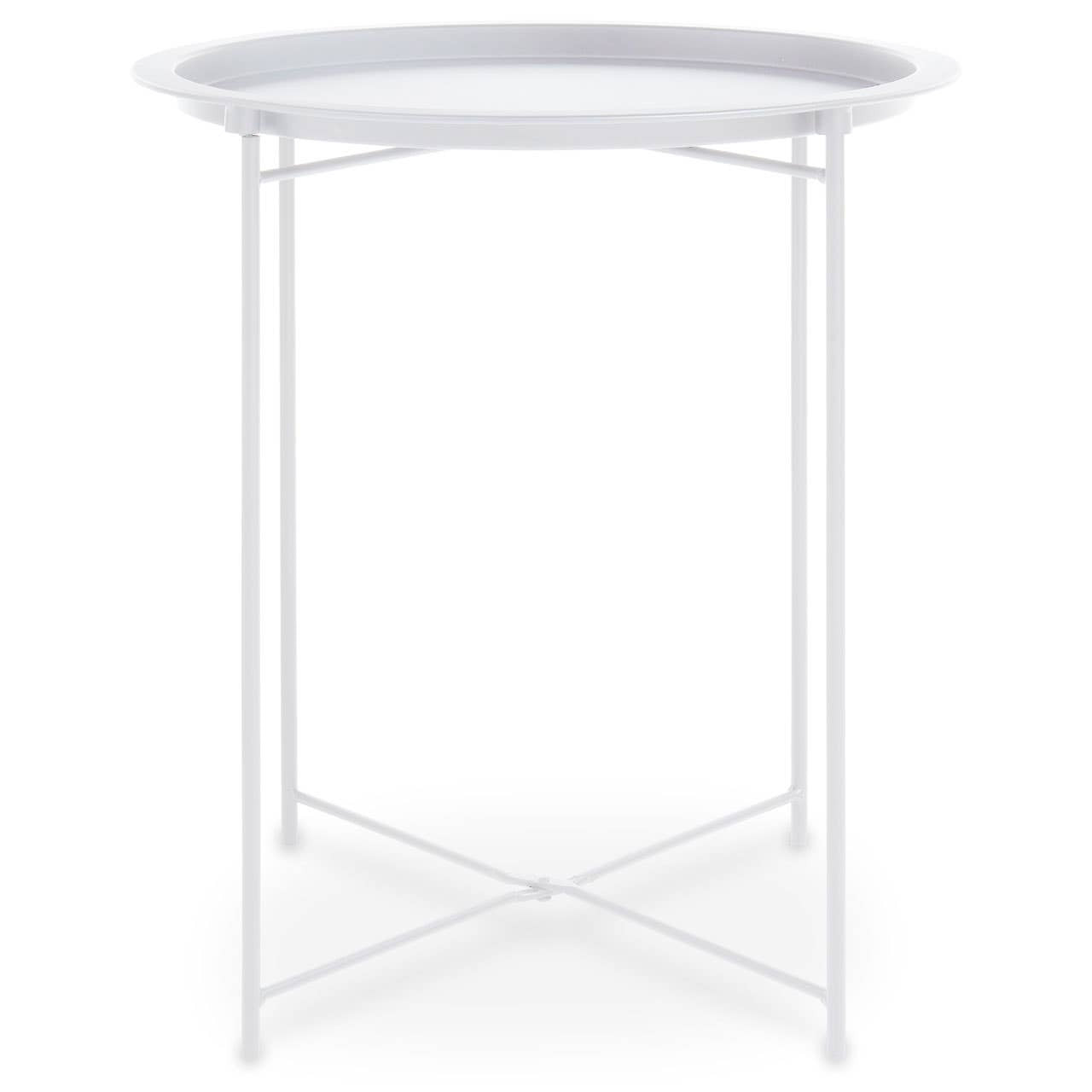 Round side table with a white metal top and slender white metal legs, featuring a crossbar design for stability. The table has a smooth, circular surface and a minimalist aesthetic, suitable for various home decor styles