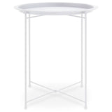 Round side table with a white metal top and slender white metal legs, featuring a crossbar design for stability. The table has a smooth, circular surface and a minimalist aesthetic, suitable for various home decor styles