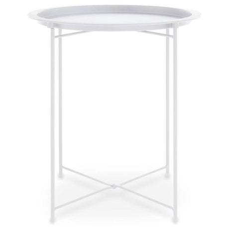 Round side table with a white metal top and slender white metal legs, featuring a crossbar design for stability. The table has a smooth, circular surface and a minimalist aesthetic, suitable for various home decor styles