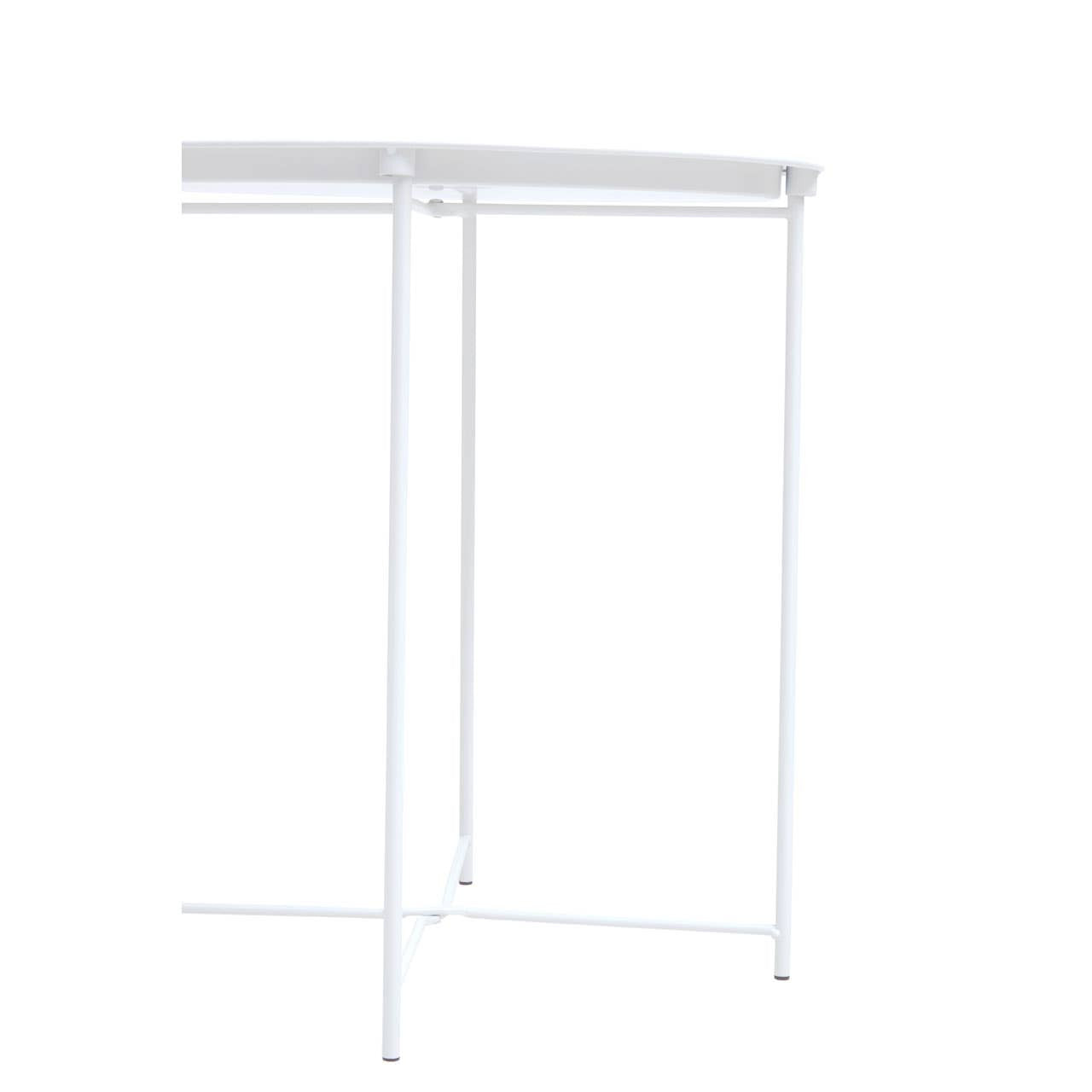 Round side table with a sleek white metal top and slender legs, designed for modern home decor. The table features a minimalist style, suitable for various interior settings