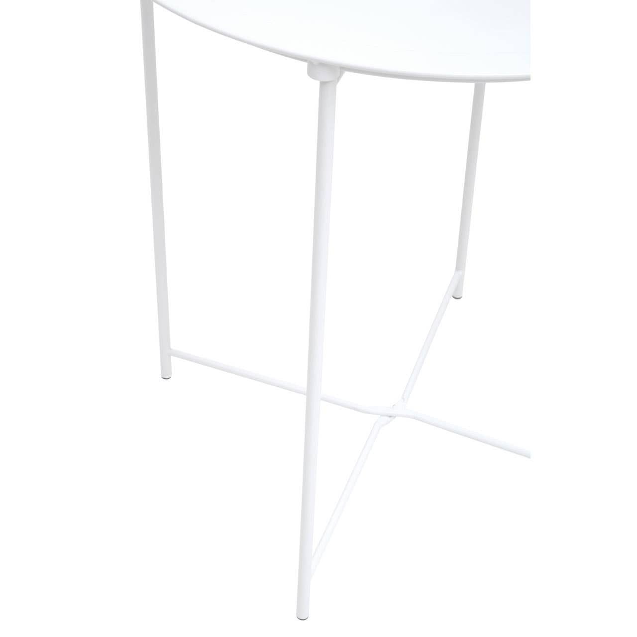 Round side table with a white metal top and slender white metal legs, featuring a minimalist design suitable for modern home decor. The legs are slightly tapered and connect at the base for stability
