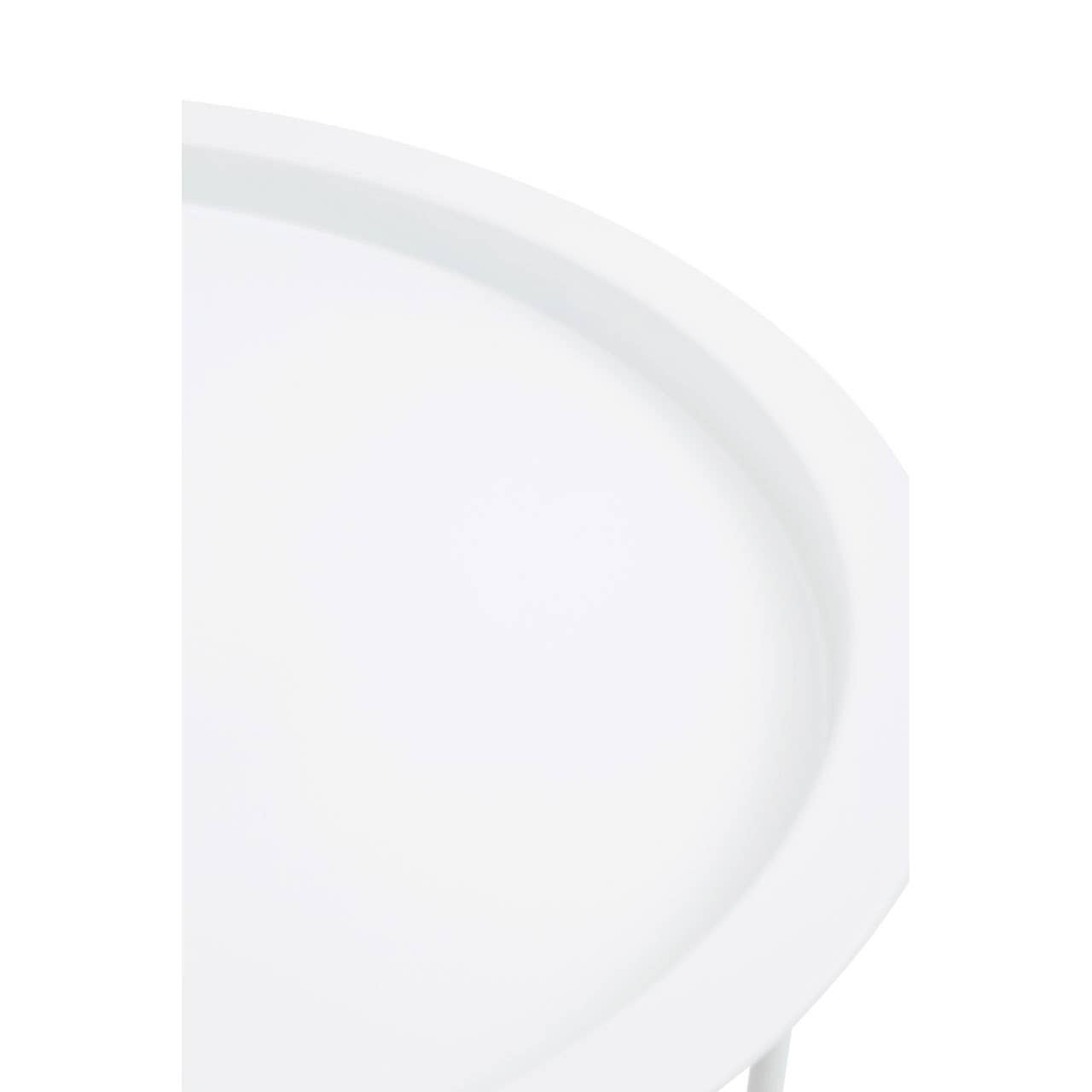 Round side table with a smooth white metal surface and a sleek, minimalist design, featuring a circular top and slender legs. The table has a modern aesthetic, suitable for various home decor styles