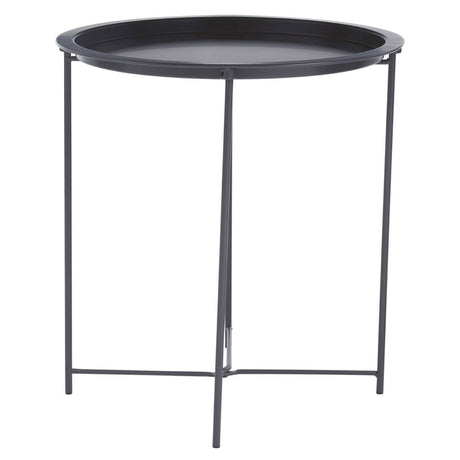 Round side table with a grey metal tray top and slender black metal legs, featuring a minimalist design suitable for modern home decor