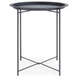 Round side table with a grey metal tray top and slender black metal legs featuring a crossbar design for stability. The table has a sleek, modern look suitable for various home decor styles