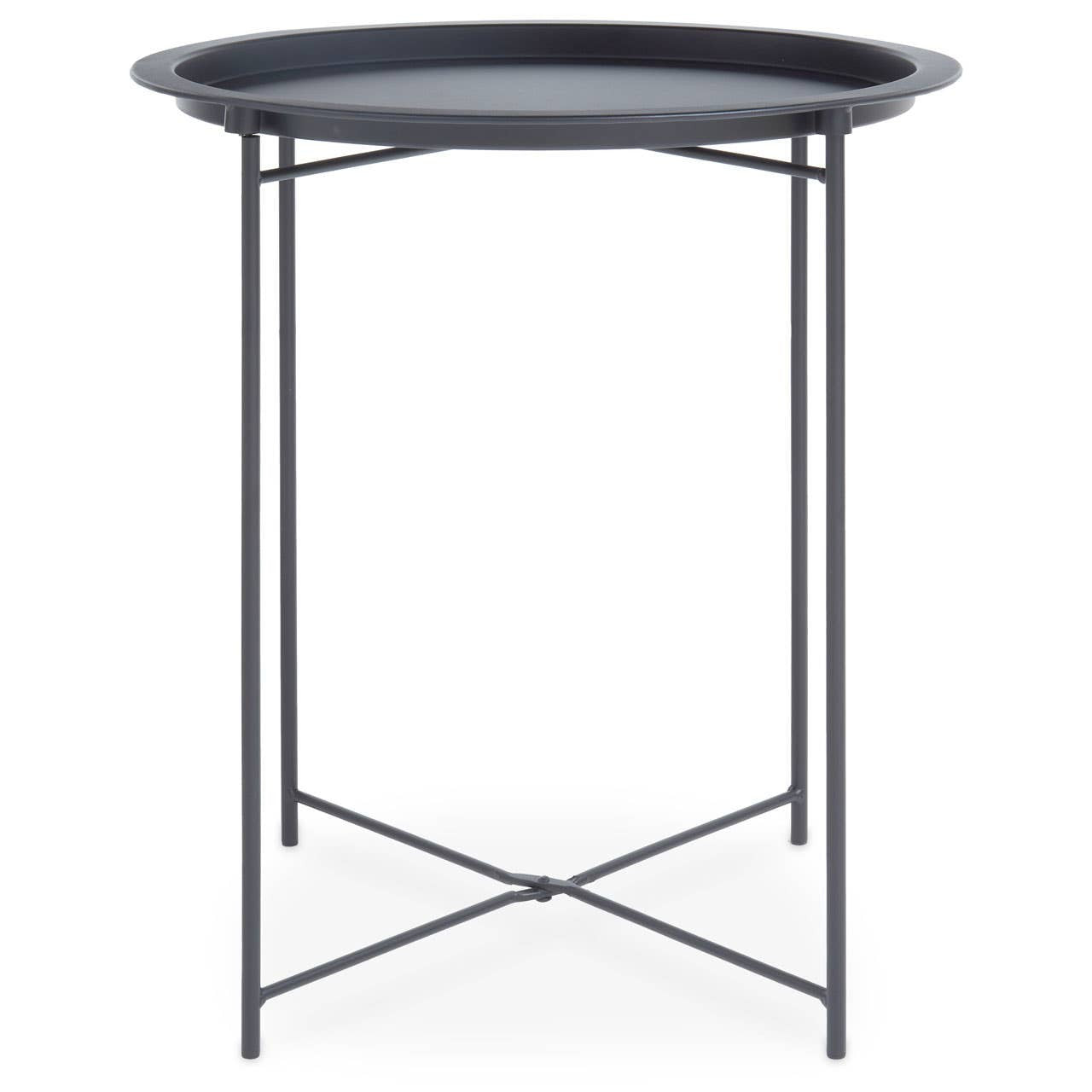 Round side table with a grey metal tray top and slender black metal legs featuring a crossbar design for stability. The table has a sleek, modern look suitable for various home decor styles