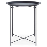 Round side table with a grey metal tray top and slender black metal legs featuring a crossbar design for stability. The table has a sleek, modern look suitable for various home decor styles
