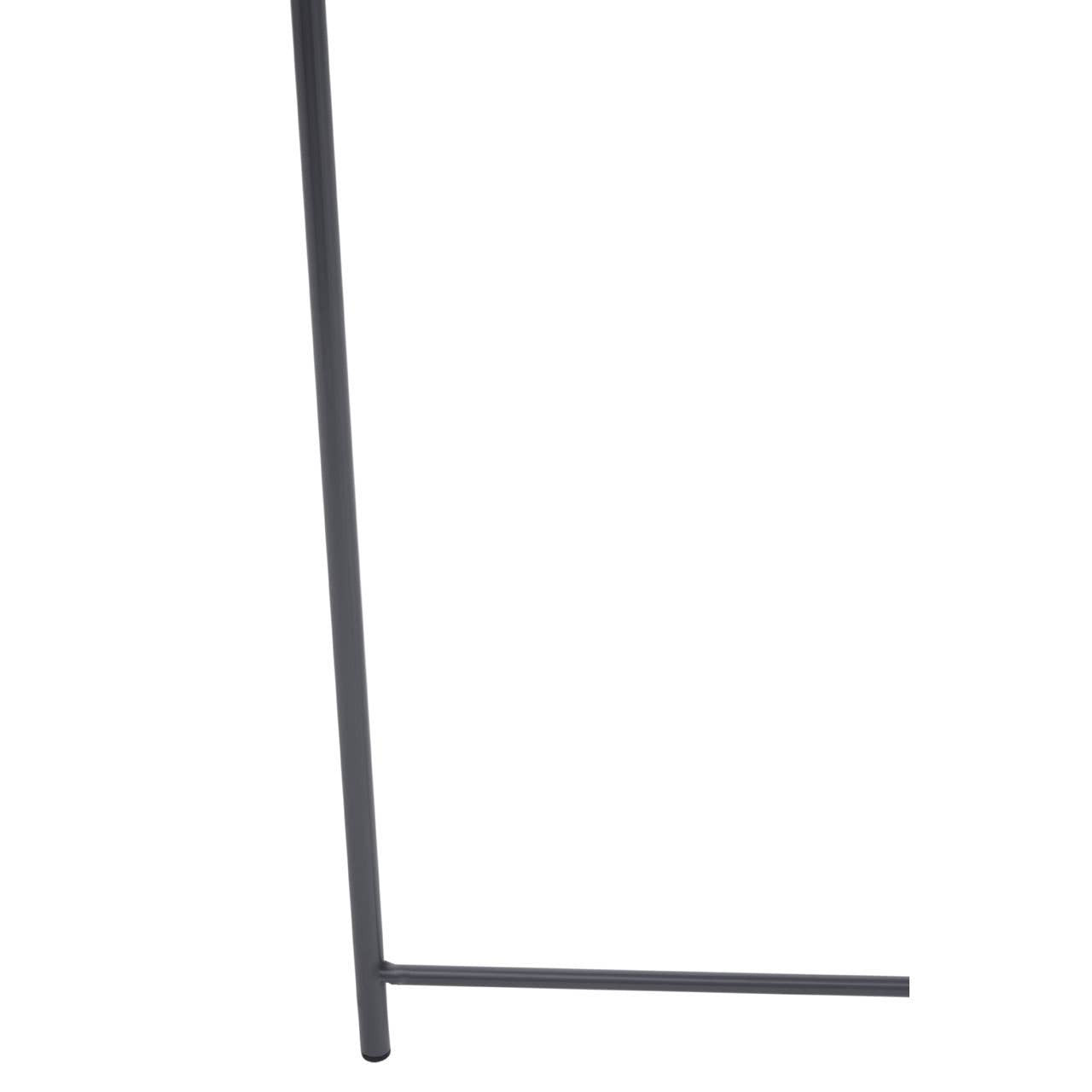 Round side table with a sleek grey metal finish, featuring a minimalist design and a sturdy base. The table has a circular top supported by a slender, angular leg structure, ideal for modern home decor