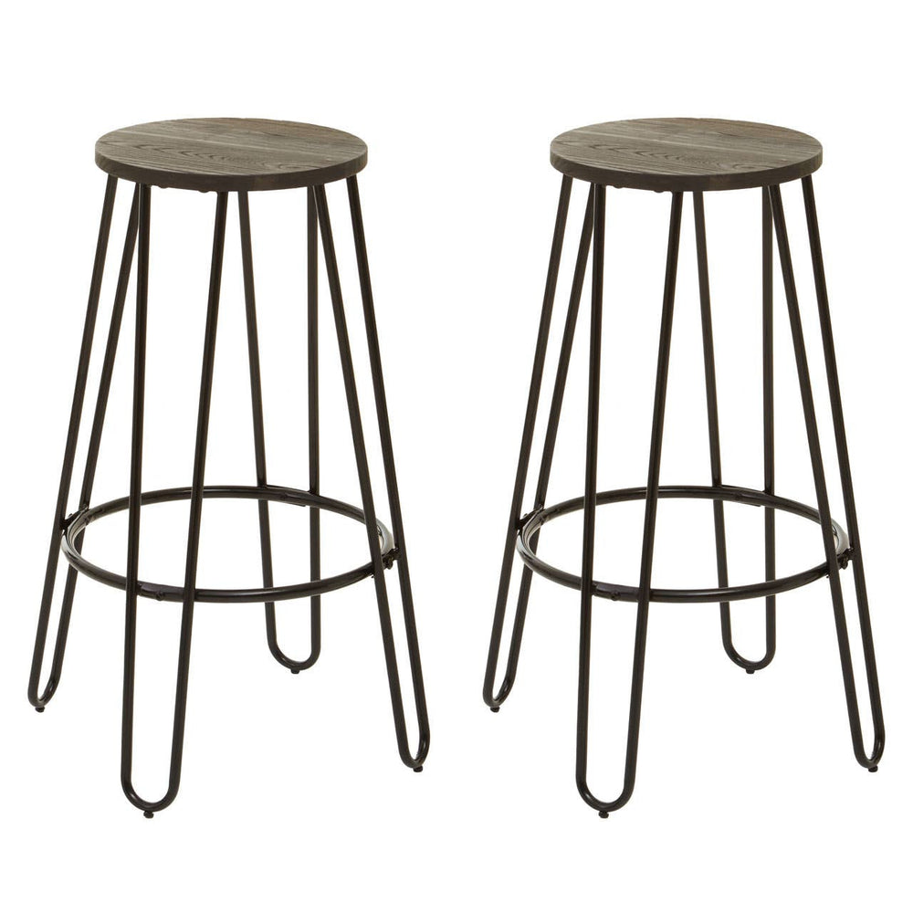 A three-piece bar table and stool set featuring a round wooden tabletop with a distressed finish and two matching metal stools with slender legs and circular seats, designed for a modern and stylish look
