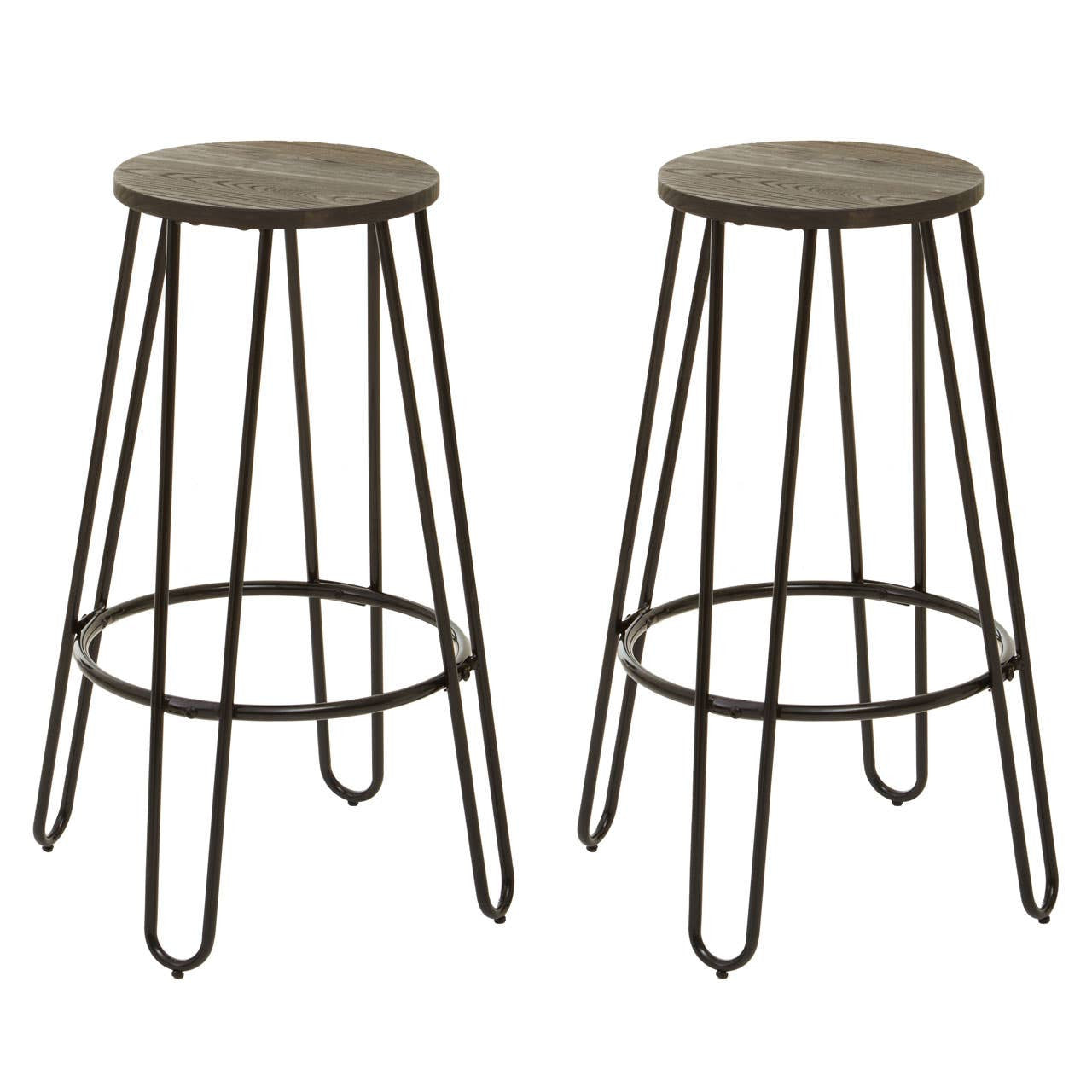 A three-piece bar table and stool set featuring a round wooden tabletop with a distressed finish and two matching metal stools with slender legs and circular seats, designed for a modern and stylish look
