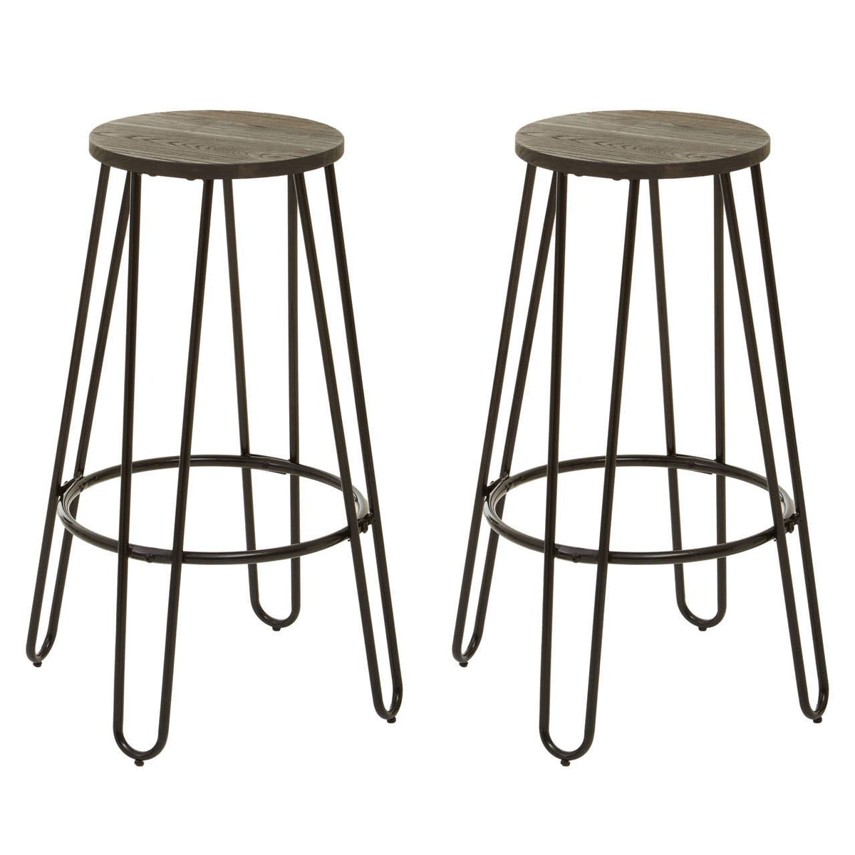 A three-piece bar table and stool set featuring a round wooden tabletop with a distressed finish and two matching metal stools with slender legs and circular seats, designed for a modern and stylish look