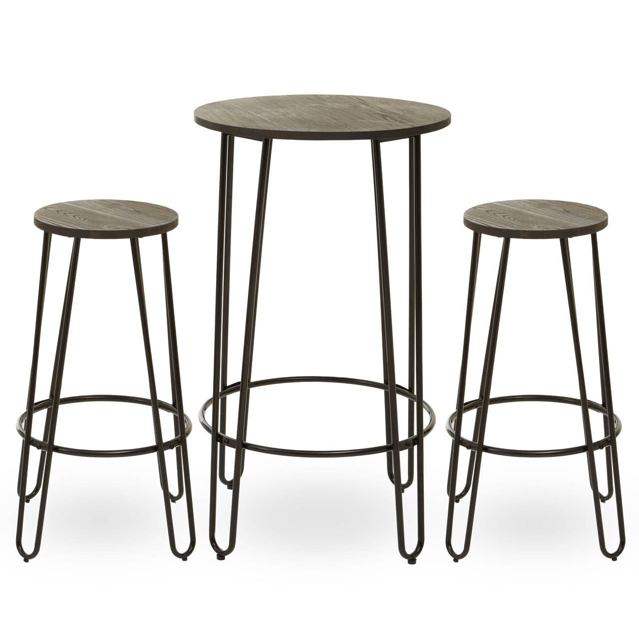 Three-piece bar table and stool set featuring a round table with a wooden top and slender metal legs, accompanied by two matching stools with circular wooden seats and similar metal frames. The design is modern and minimalist, showcasing a neutral color palette