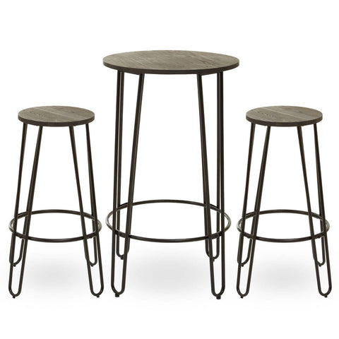 Three-piece bar table and stool set featuring a round table with a wooden top and slender metal legs, accompanied by two matching stools with circular wooden seats and similar metal frames. The design is modern and minimalist, showcasing a neutral color palette