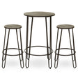 Three-piece bar table and stool set featuring a round table with a wooden top and slender metal legs, accompanied by two matching stools with circular wooden seats and similar metal frames. The design is modern and minimalist, showcasing a neutral color palette