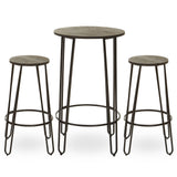 Three-piece bar table and stool set featuring a round table with a wooden top and slender metal legs, accompanied by two matching stools with circular wooden seats and similar metal frames. The design is modern and minimalist, showcasing a neutral color palette