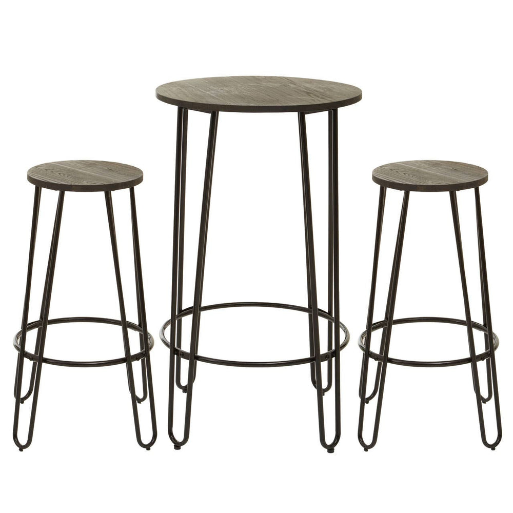 A three-piece bar table and stool set featuring a round tabletop and two matching stools, all with a rustic wood finish and slender metal legs. The stools are of varying heights, designed for casual seating around the table