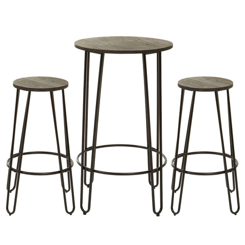 A three-piece bar table and stool set featuring a round tabletop and two matching stools, all with a rustic wood finish and slender metal legs. The stools are of varying heights, designed for casual seating around the table