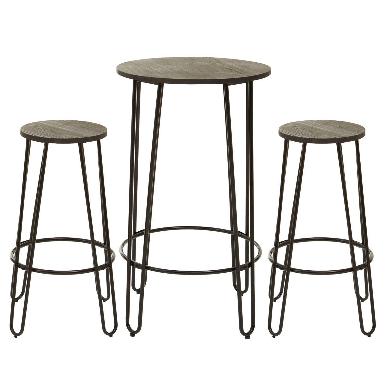 A three-piece bar table and stool set featuring a round tabletop and two matching stools, all with a rustic wood finish and slender metal legs. The stools are of varying heights, designed for casual seating around the table