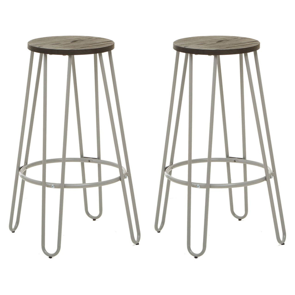 A set of two bar stools featuring round elm wood seats and slender metal legs with a light finish, designed for a modern aesthetic. The stools are positioned side by side, showcasing their minimalist design and sturdy construction