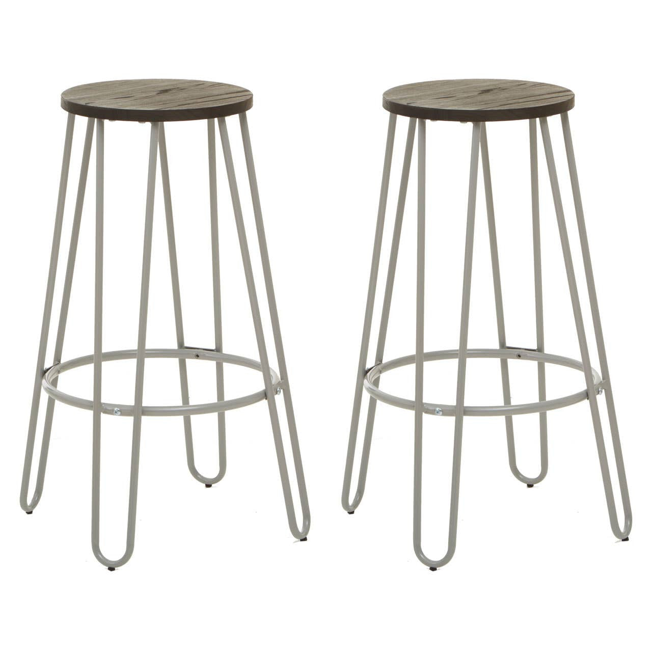 A set of two bar stools featuring round elm wood seats and slender metal legs with a light finish, designed for a modern aesthetic. The stools are positioned side by side, showcasing their minimalist design and sturdy construction